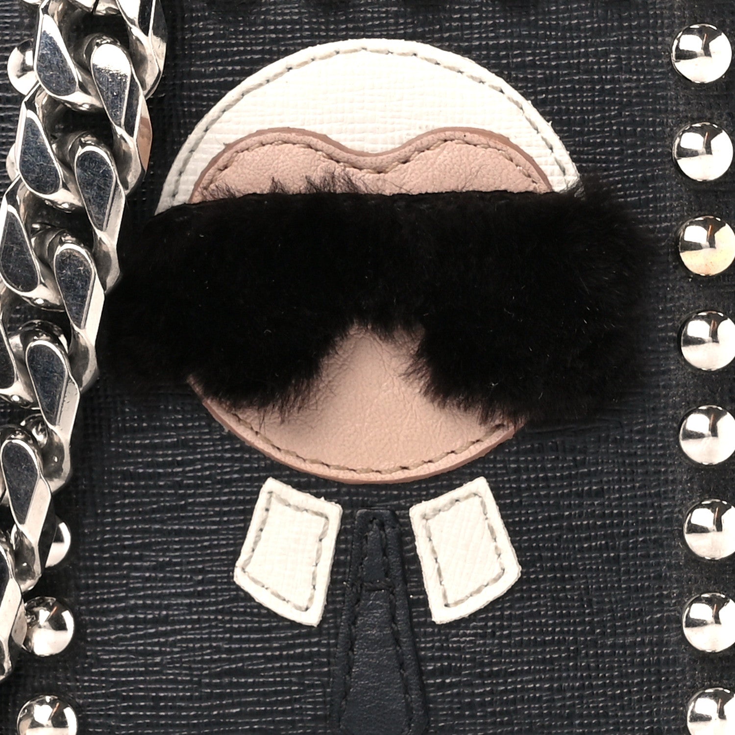 Fendi Vitello Elite Flamingo Mink Karlito Studded Zip Around Chain Wallet Black White Plaster 9 of 12