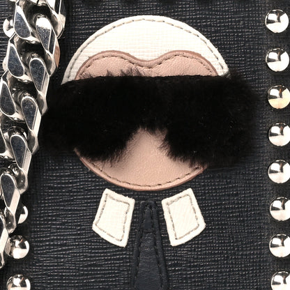 Fendi Vitello Elite Flamingo Mink Karlito Studded Zip Around Chain Wallet Black White Plaster 9 of 12