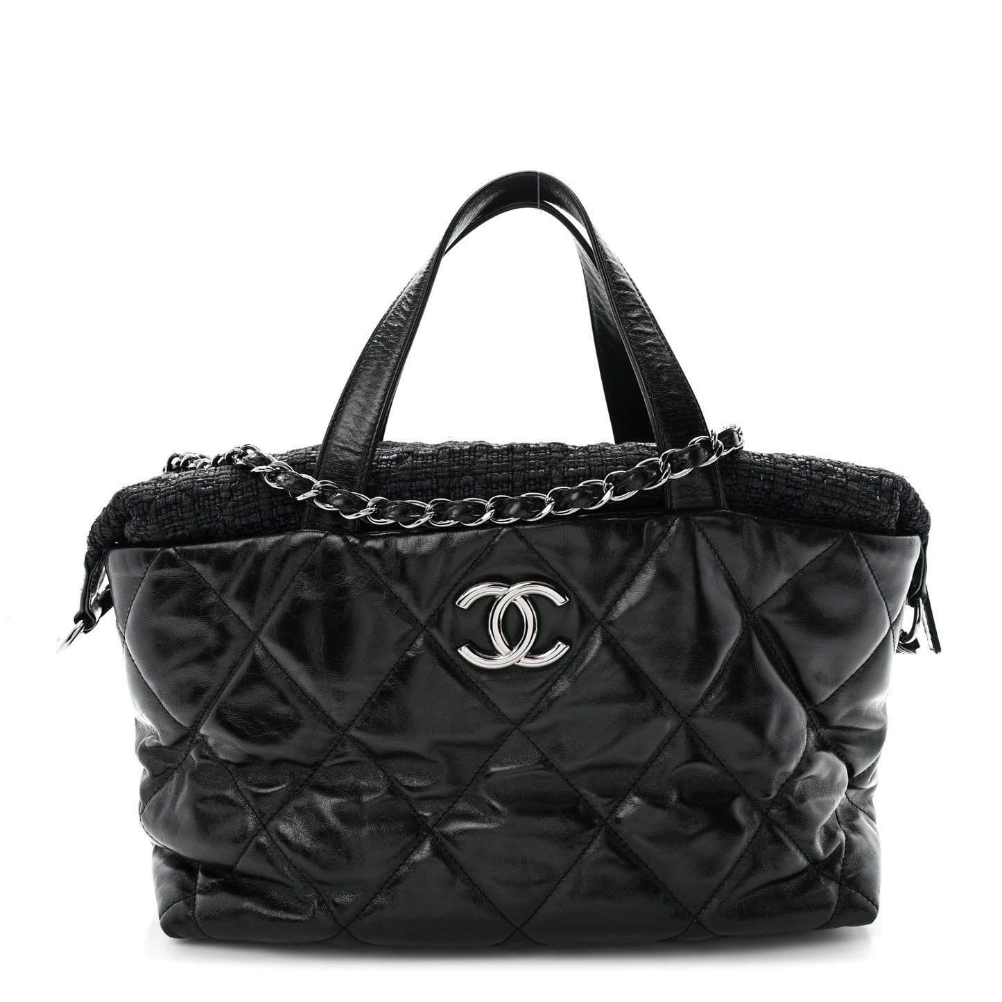 Glazed Calfskin Quilted Tweed Portobello Tote Black