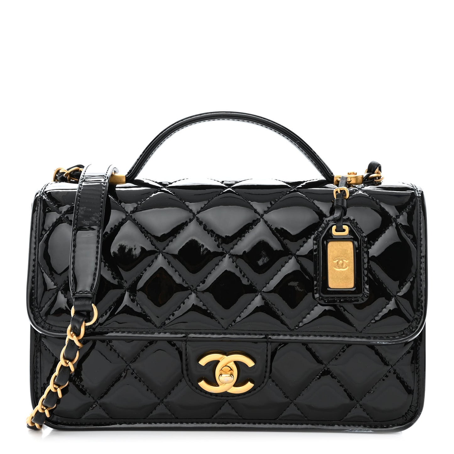 Patent Quilted Small School Memory Top Handle Flap Black