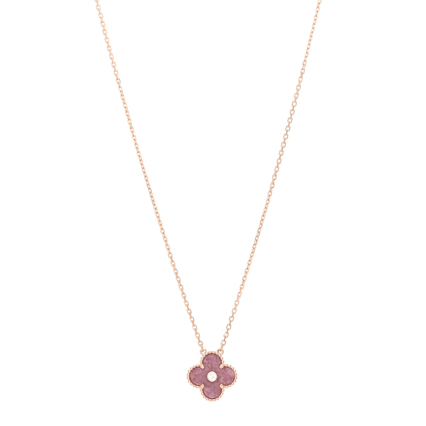 18K Rose Gold Diamond Rhodonite Vintage Alhambra Pendant Necklace