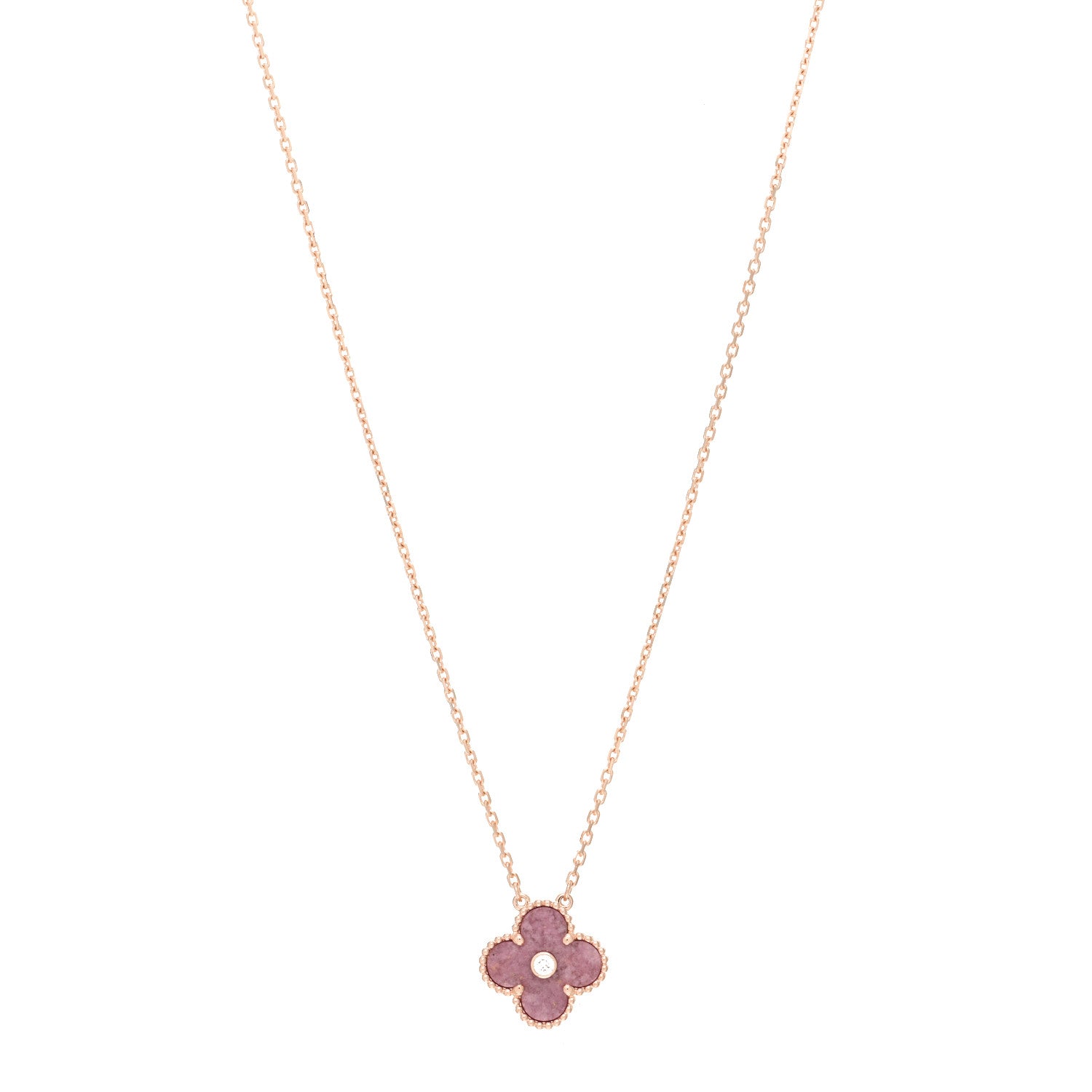 Van Cleef & Arpels 18K Rose Gold Diamond Rhodonite Vintage Alhambra Pendant Necklace 1 of 3