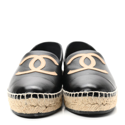 Chanel Lambskin Shiny Calfskin CC Espadrilles 35 Black Beige 2 of 9