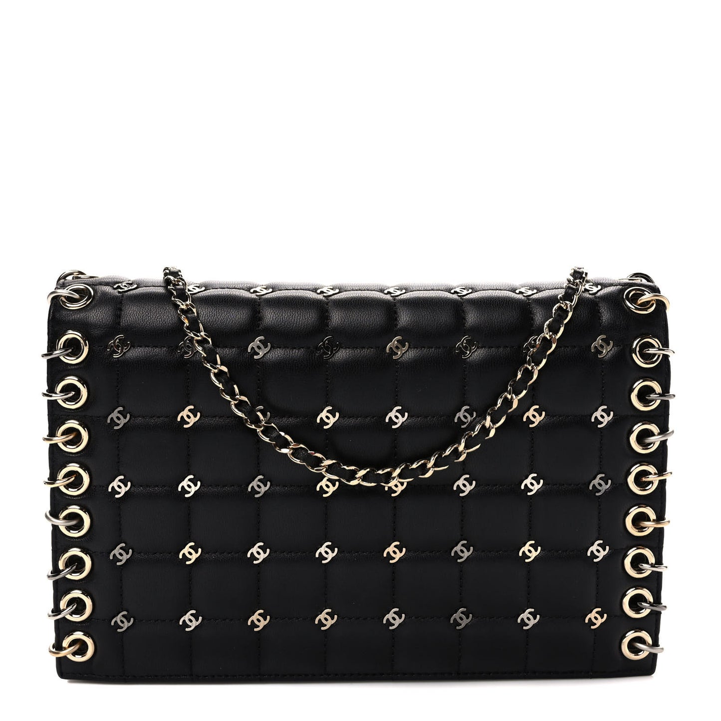 Lambskin Chocolate Bar Piercing CC Studded Small Chain Flap Bag Black