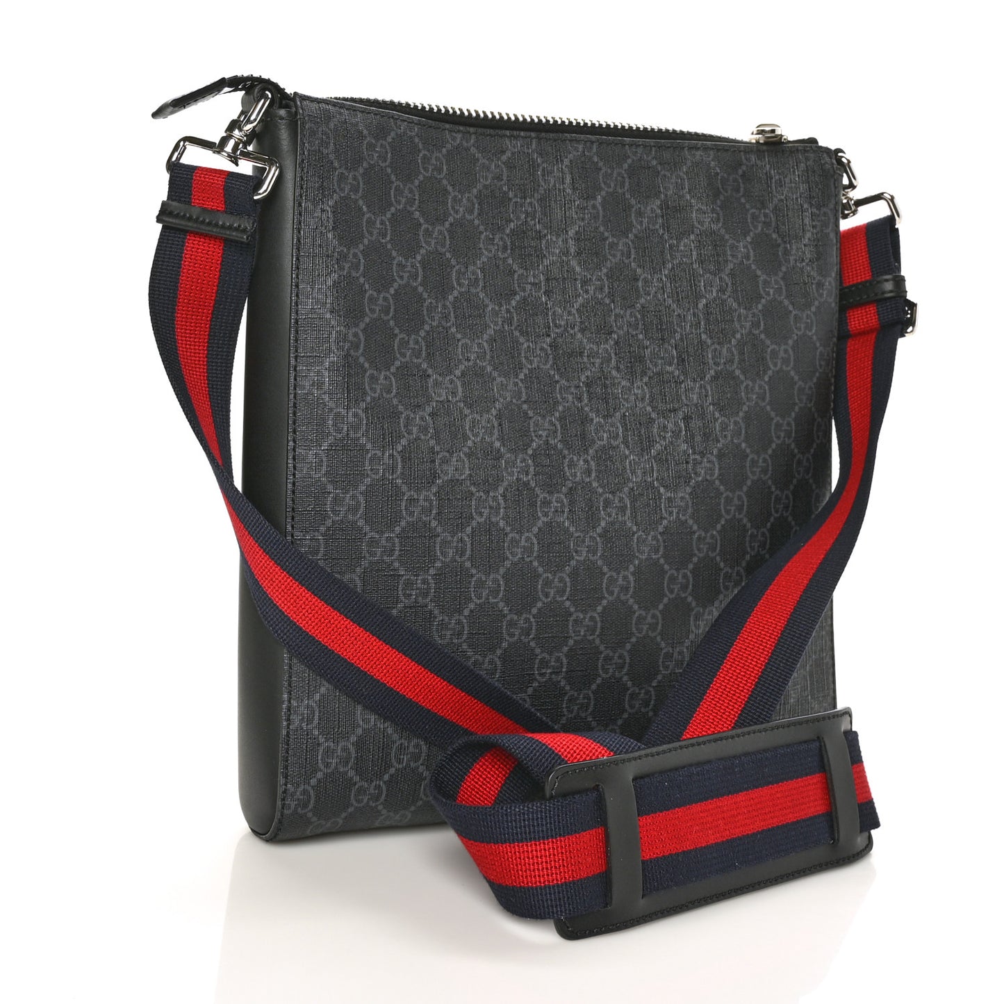 GG Supreme Monogram Appia Calfskin Web Flat Messenger Bag Black Grey