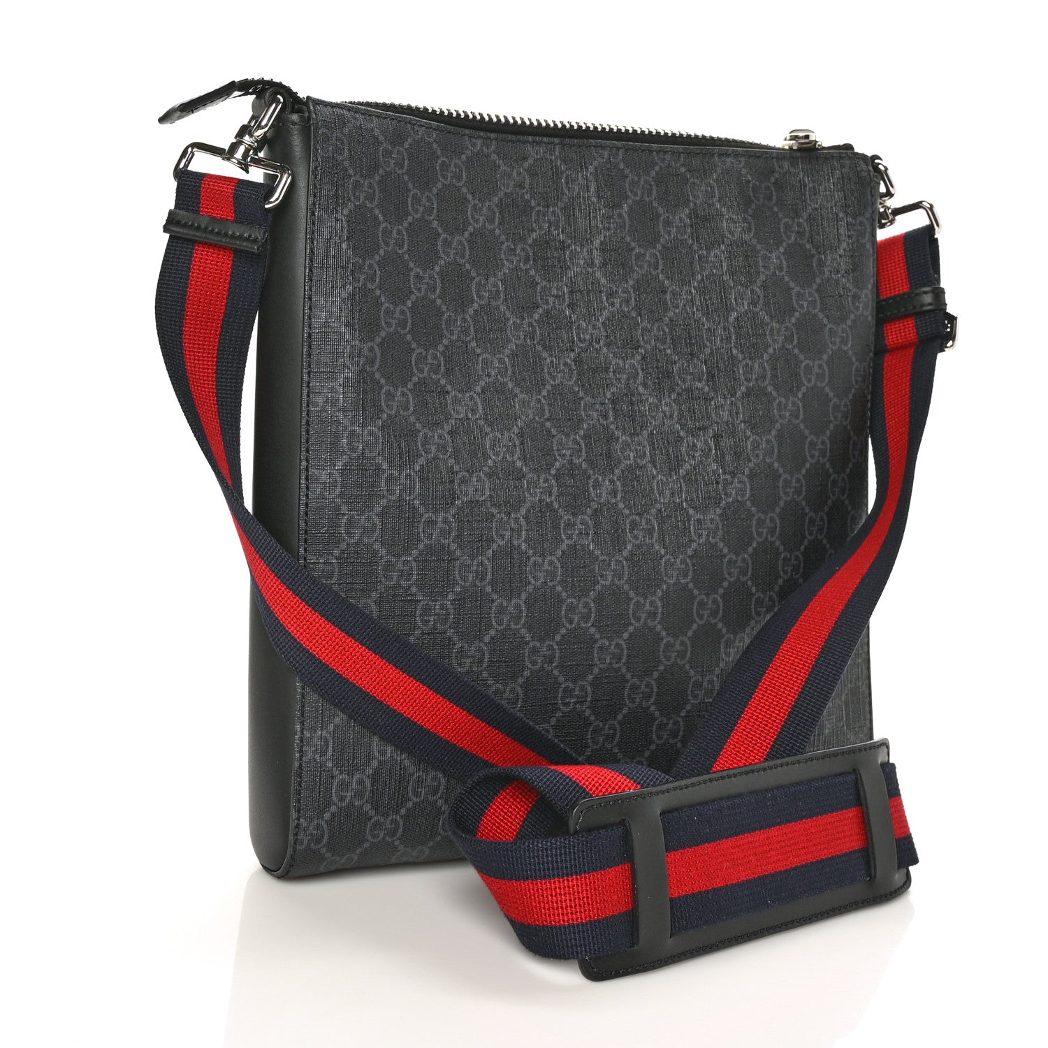 Gucci GG Supreme Monogram Appia Calfskin Web Flat Messenger Bag Black Grey 2 of 7