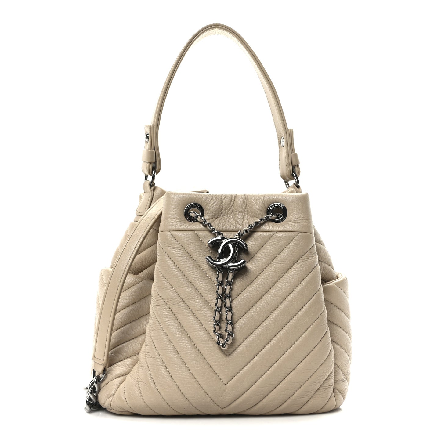 Deerskin Chevron Small CC Chain Bucket Bag Beige