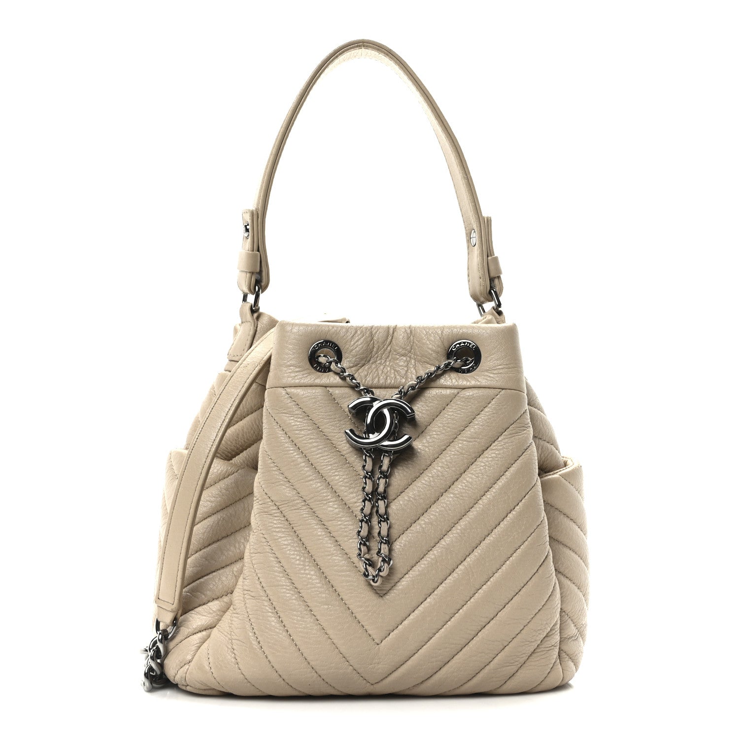 Chanel Deerskin Chevron Small CC Chain Bucket Bag Beige 1 of 10