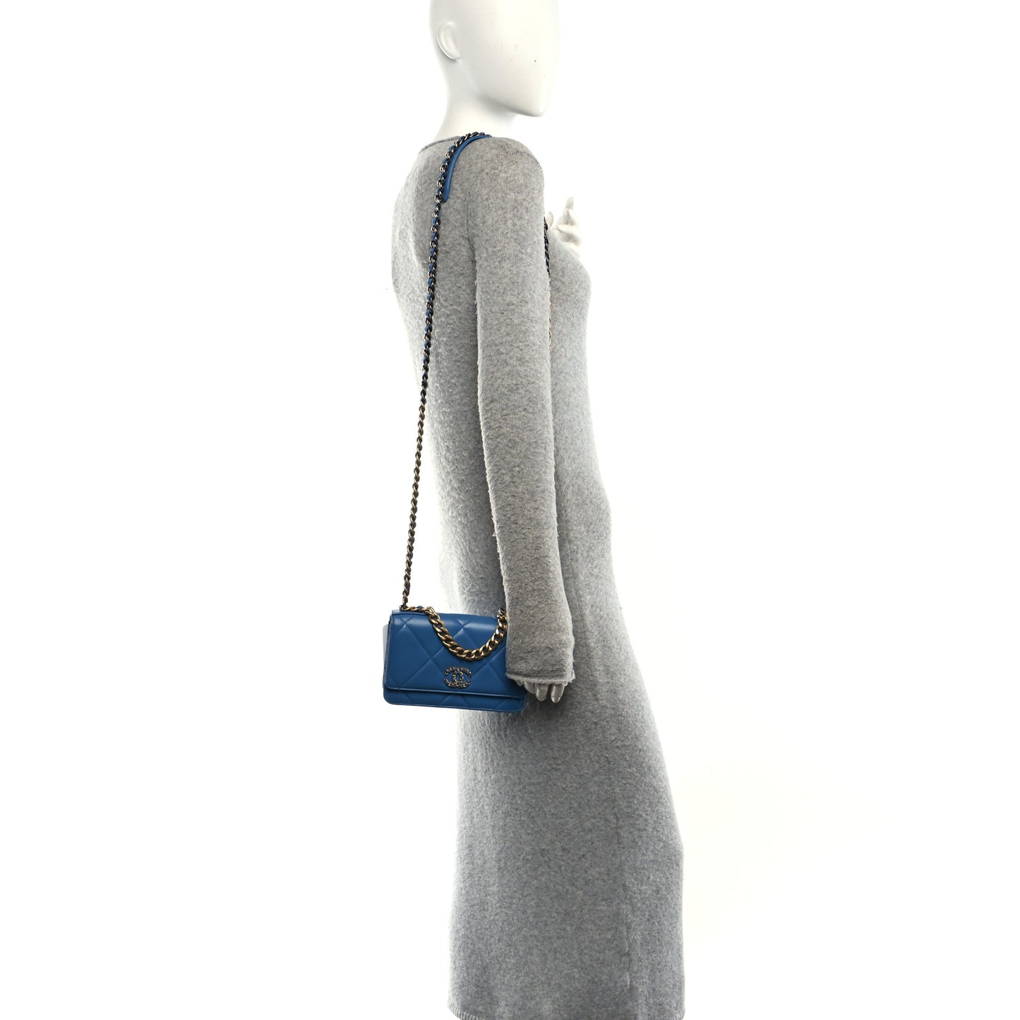 Lambskin Quilted Chanel 19 Wallet On Chain WOC Blue