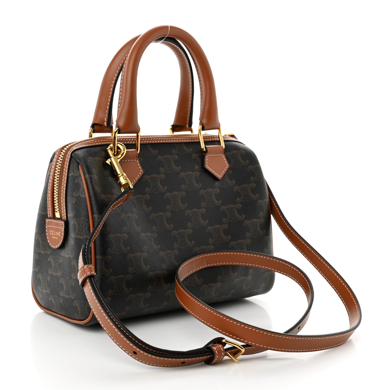 Celine Triomphe Canvas Calfskin Small Boston Bag Tan 3 of 9