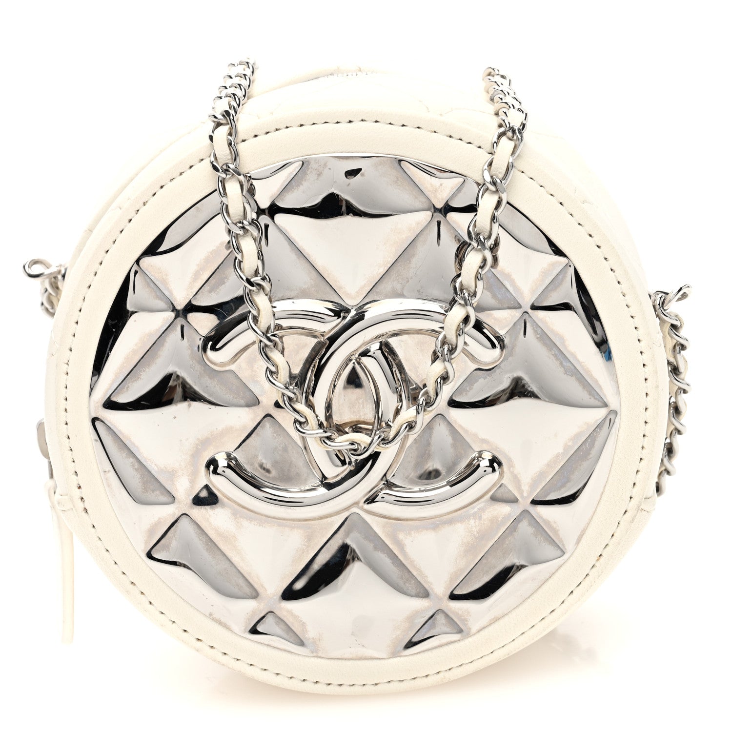 Chanel Lambskin Metal Quilted Round Clutch With Chain White Silver 1 of 10
