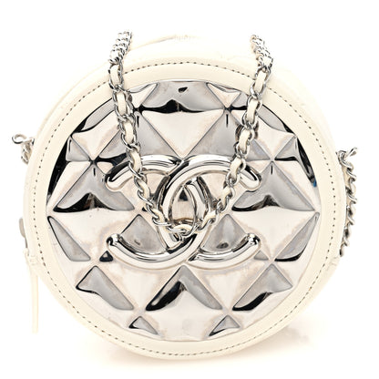 Chanel Lambskin Metal Quilted Round Clutch With Chain White Silver 1 of 10