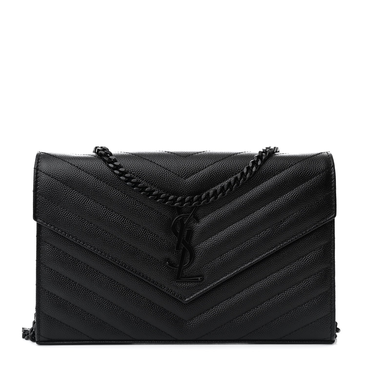Saint Laurent Grain De Poudre Matelasse Chevron Monogram Monochrome Chain Wallet Black 1 of 11