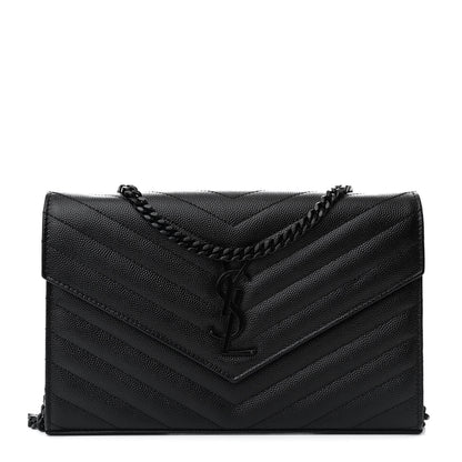 Saint Laurent Grain De Poudre Matelasse Chevron Monogram Monochrome Chain Wallet Black 1 of 11