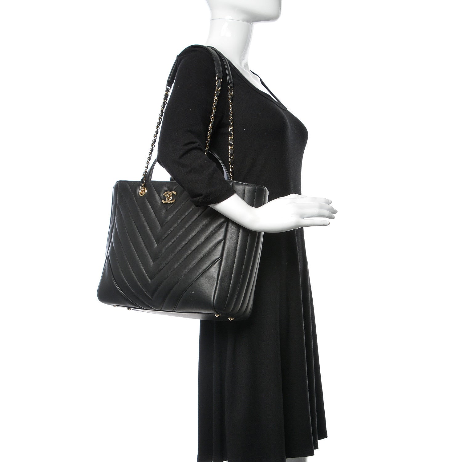 Chanel Calfskin Chevron Quilted Statement Shopping Tote Black 2 of 10