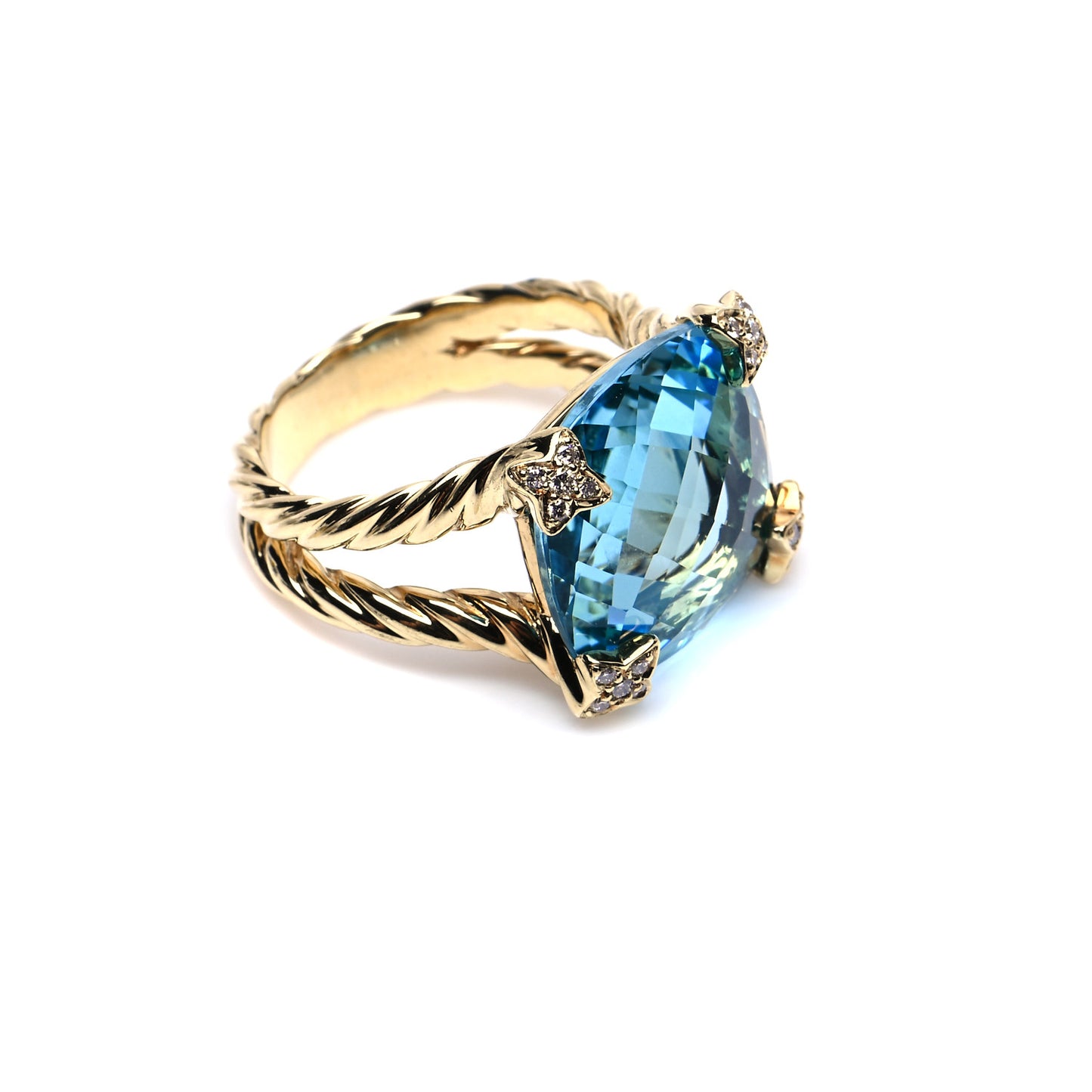 18K Yellow Gold Diamond Blue Topaz 15mm Cushion On Point Ring 54 7