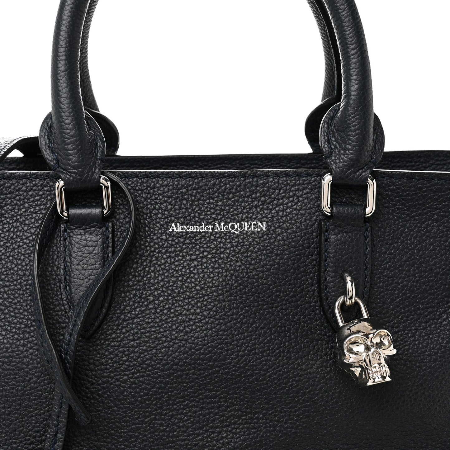 Pebbled Calfskin Small Skull Padlock Zip Around Tote Navy