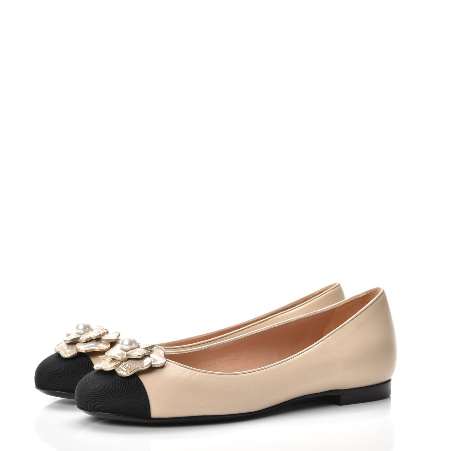 Lambskin Grosgrain Pearl Camellia Ballerina Flats 37.5 Beige Black