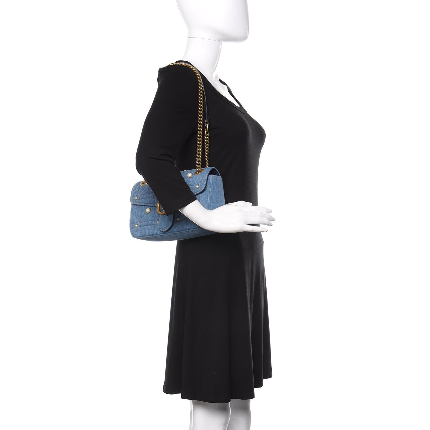 Denim Matelasse Pearl Studded Small GG Marmont Shoulder Bag Blue