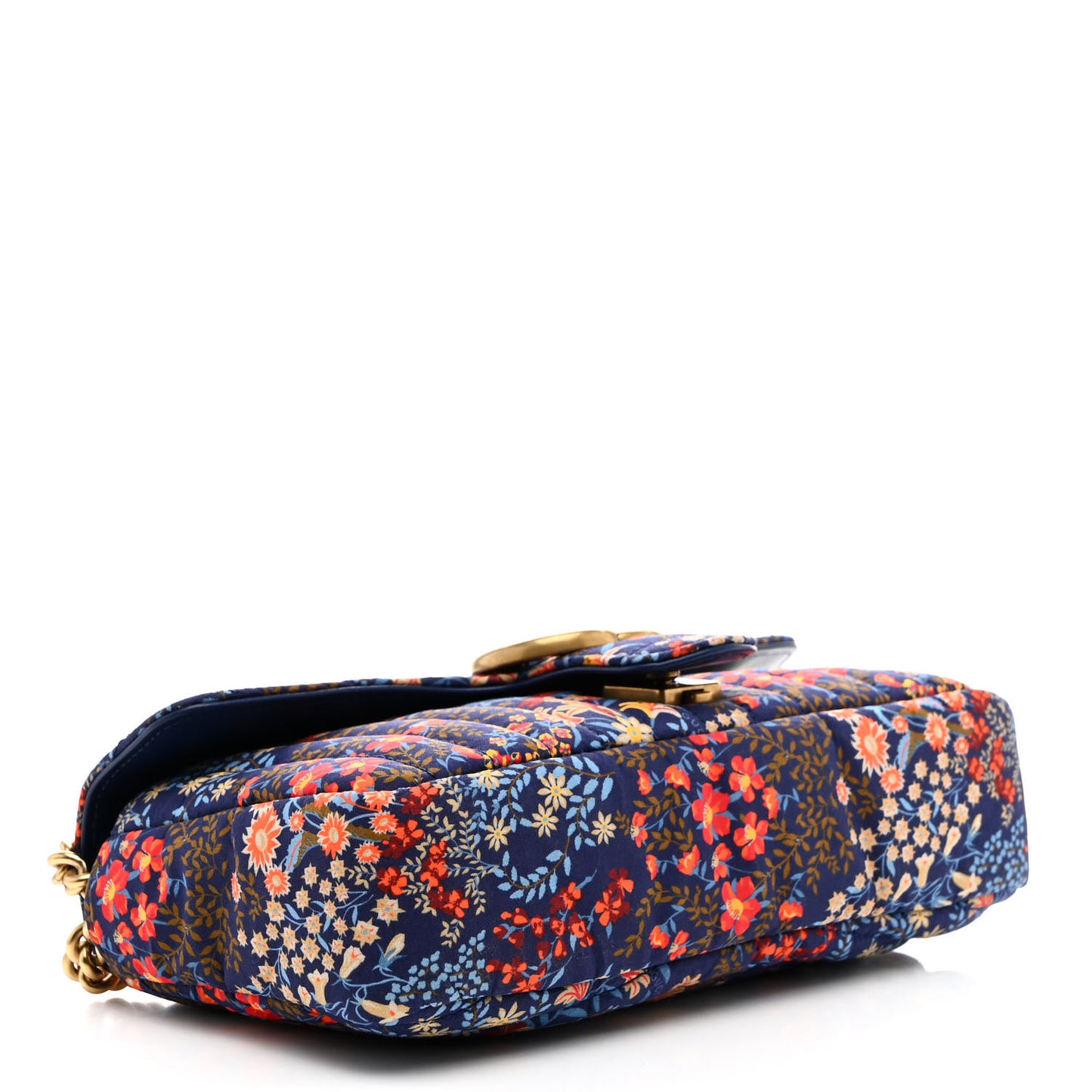 Cotton Calfskin Matelasse Floral Print Small GG Marmont Shoulder Bag Blue Red Deep Ocean Blue