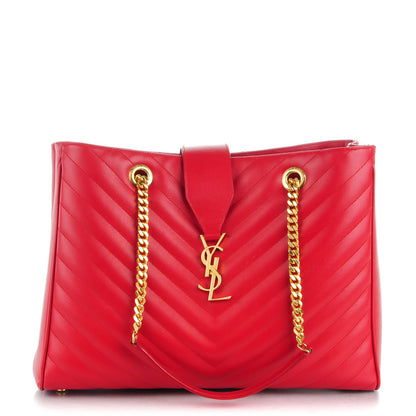 Saint Laurent Grain De Poudre Matelasse Chevron Monogram Shopping Bag Red 1 of 7