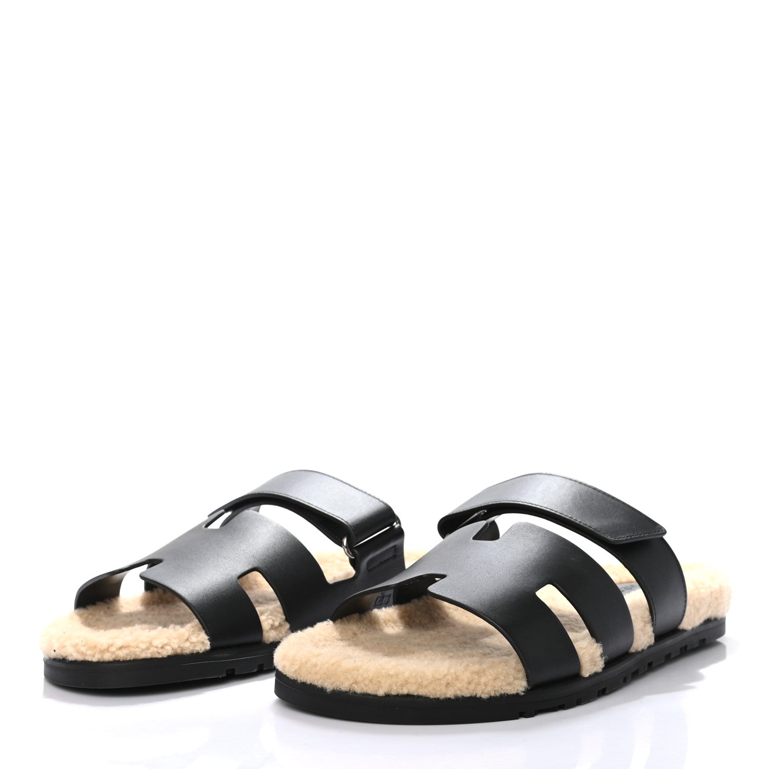 Hermes Veau Indios Woolskin Mens Chypre Sandals 42 Black Ecru 3 of 8