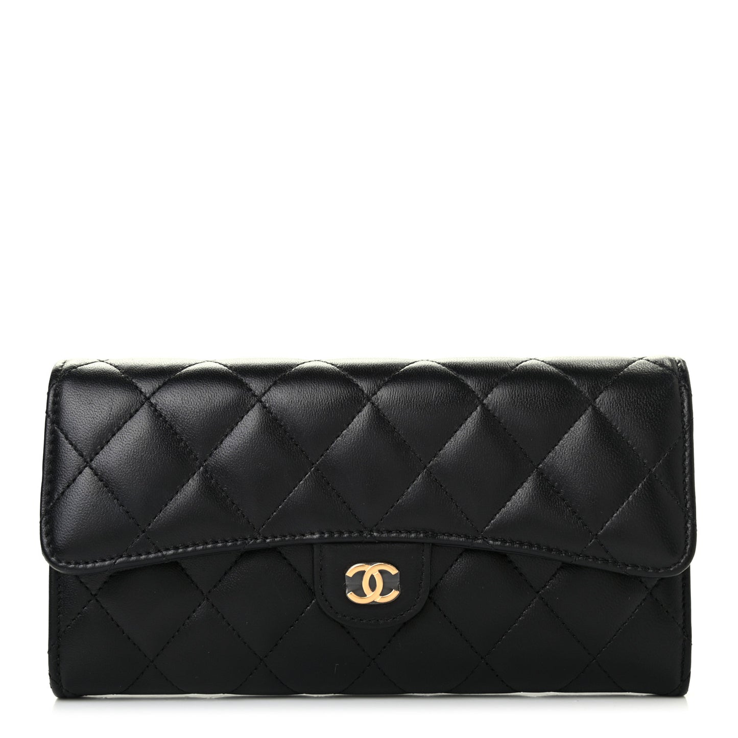 Lambskin Quilted Large Gusset Flap Wallet Black