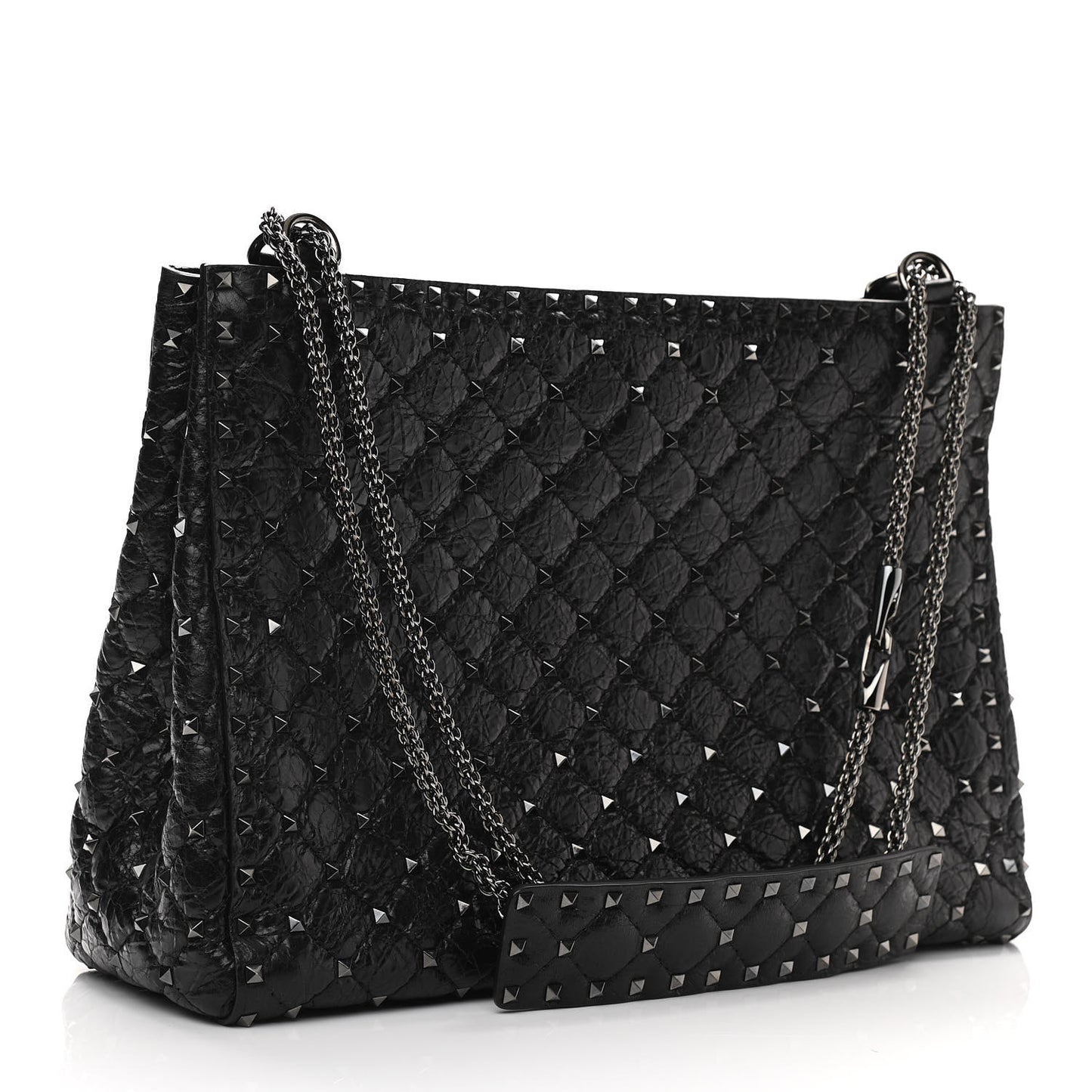 Craquele Nappa Rockstud Spike Shoulder Tote Black