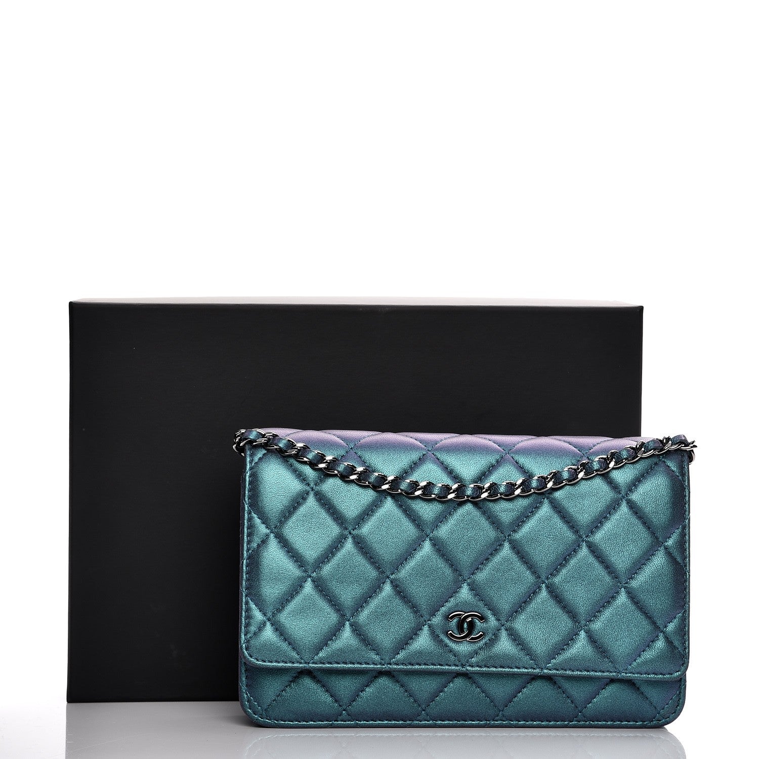 Chanel Metallic Lambskin Wallet On Chain WOC Turquoise 9 of 9