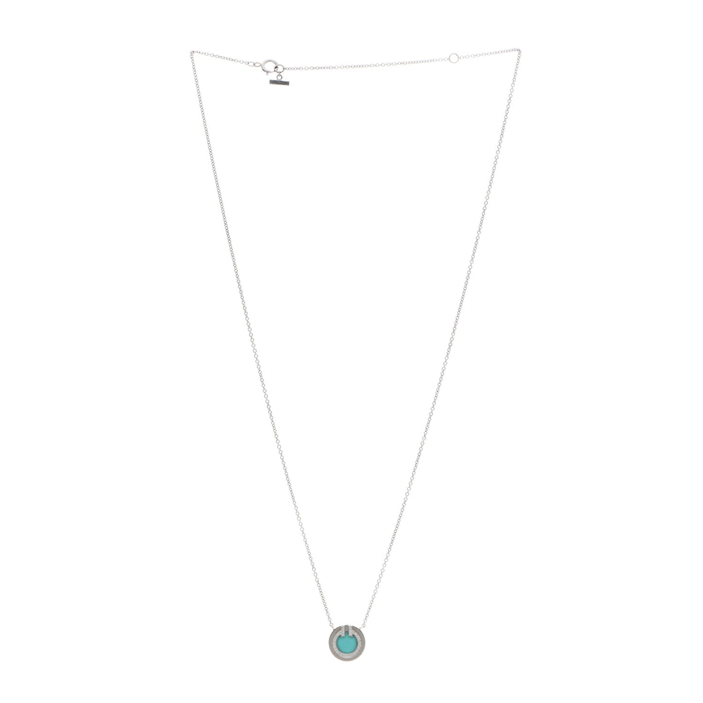 18K White Gold Diamond Turquoise Small T Circle Pendant Necklace