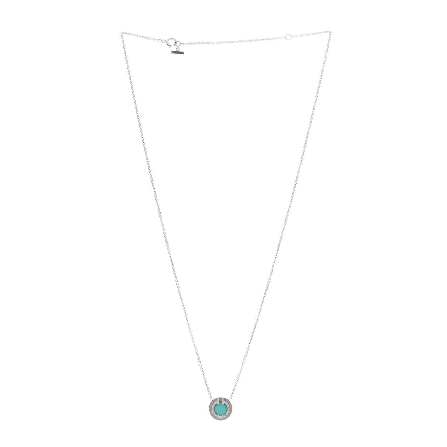 Tiffany 18K White Gold Diamond Turquoise Small T Circle Pendant Necklace 3 of 4