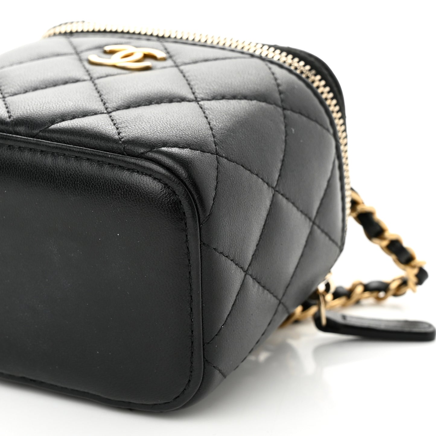 Lambskin Quilted Top Handle Mini Vanity Case With Chain Black
