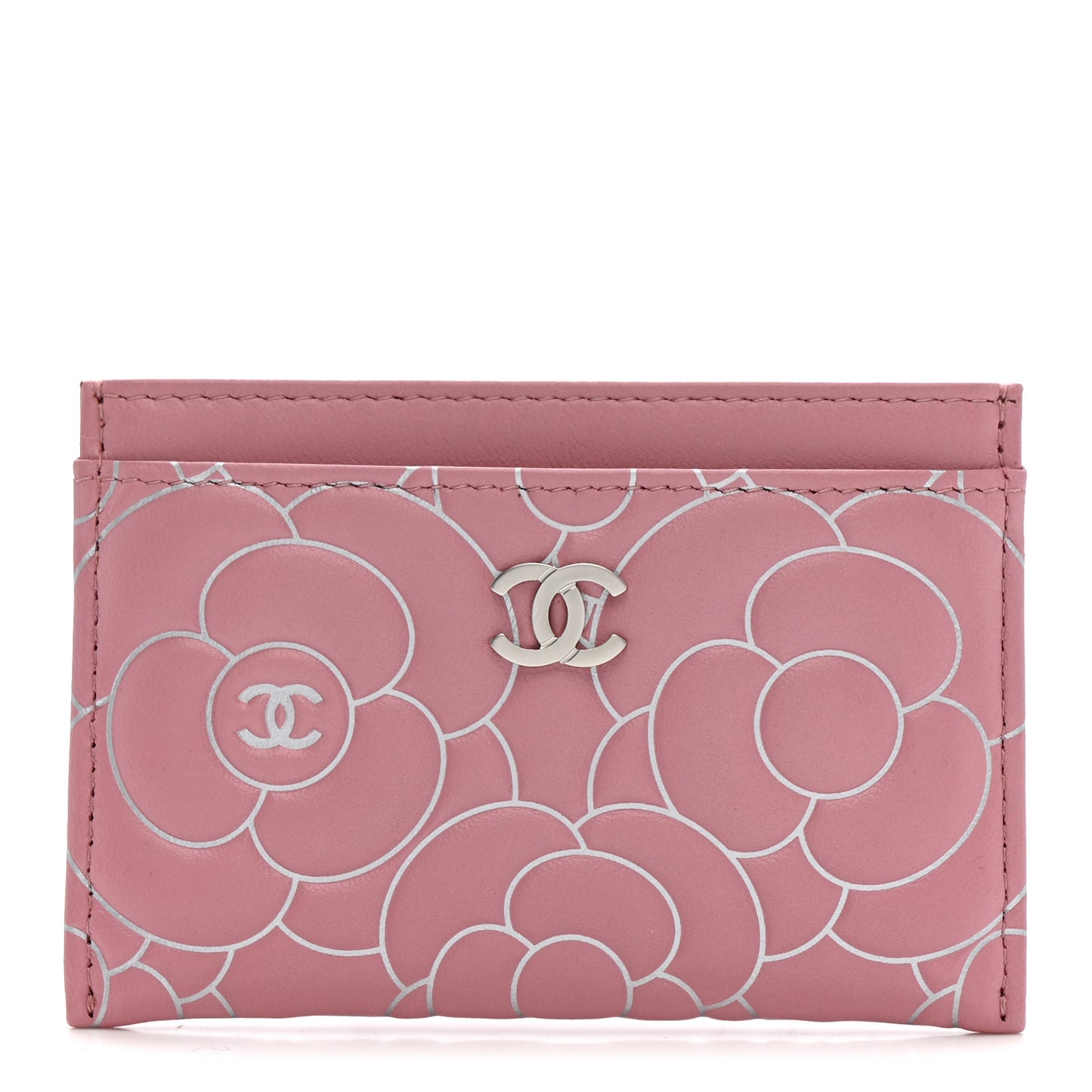 Lambskin Camellia Embossed Card Holder Pink Silver