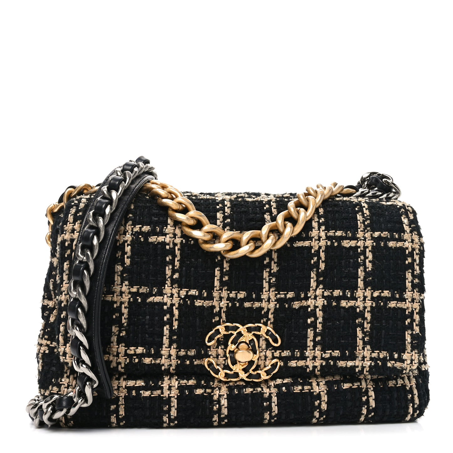 Tweed Quilted Medium Chanel 19 Flap Black Beige