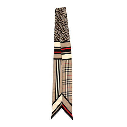 Burberry Silk Check Triple Stripe TB Monogram Print Ribbon Scarf Beige 2 of 4