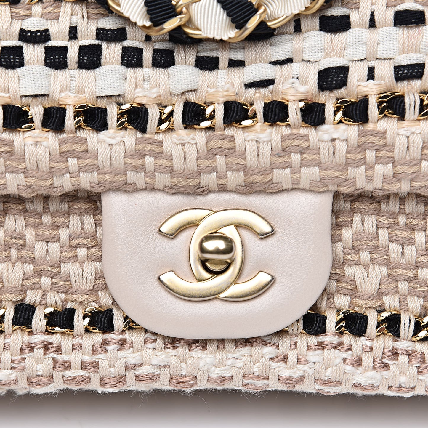 Tweed Chain Braid Mini Flap Beige White Black