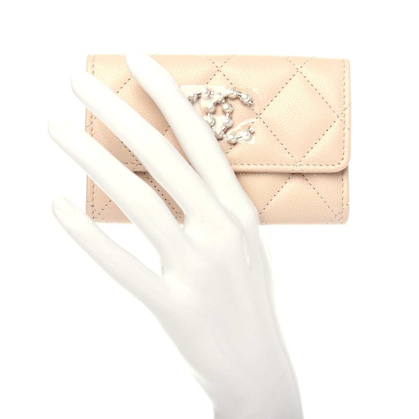 Caviar Pearl Quilted Coco Candy Flap Card Holder Beige