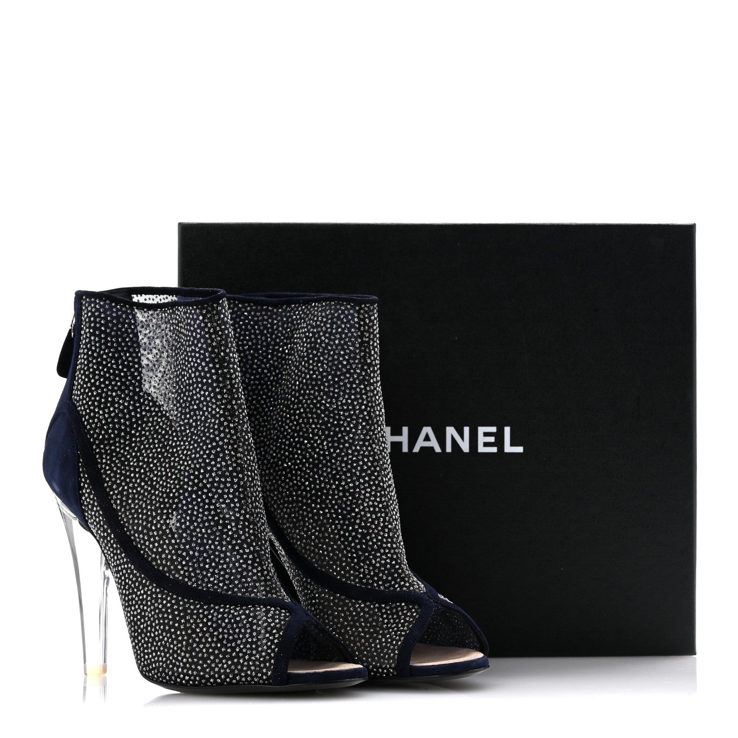 Chanel Mesh Crystal Open Toe Ankle Boots 40 Navy 1656542