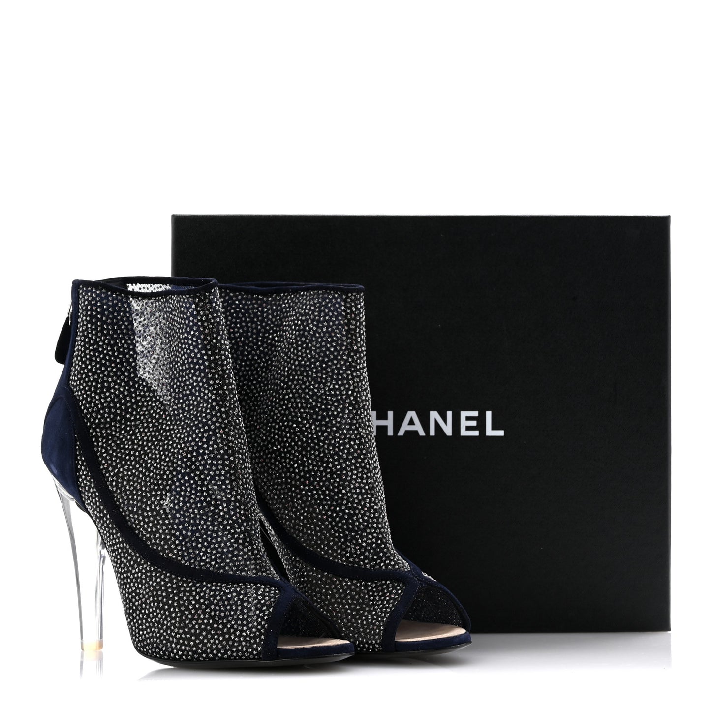 Mesh Crystal Open Toe Ankle Boots 40 Navy