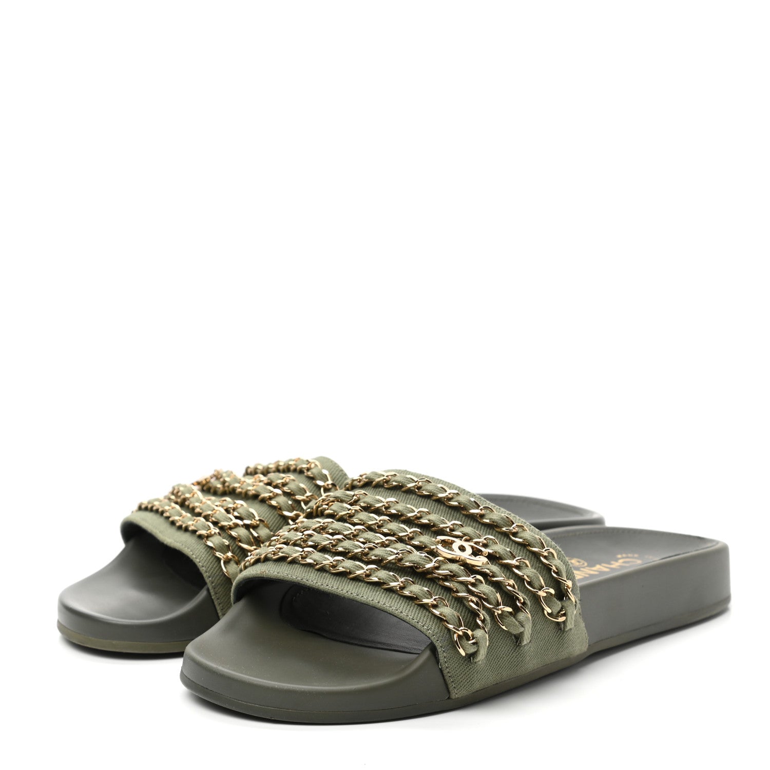 Chanel Canvas Chain Flat Sandals 39 Khaki 3 of 11