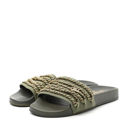 Chanel Canvas Chain Flat Sandals 39 Khaki 3 of 11