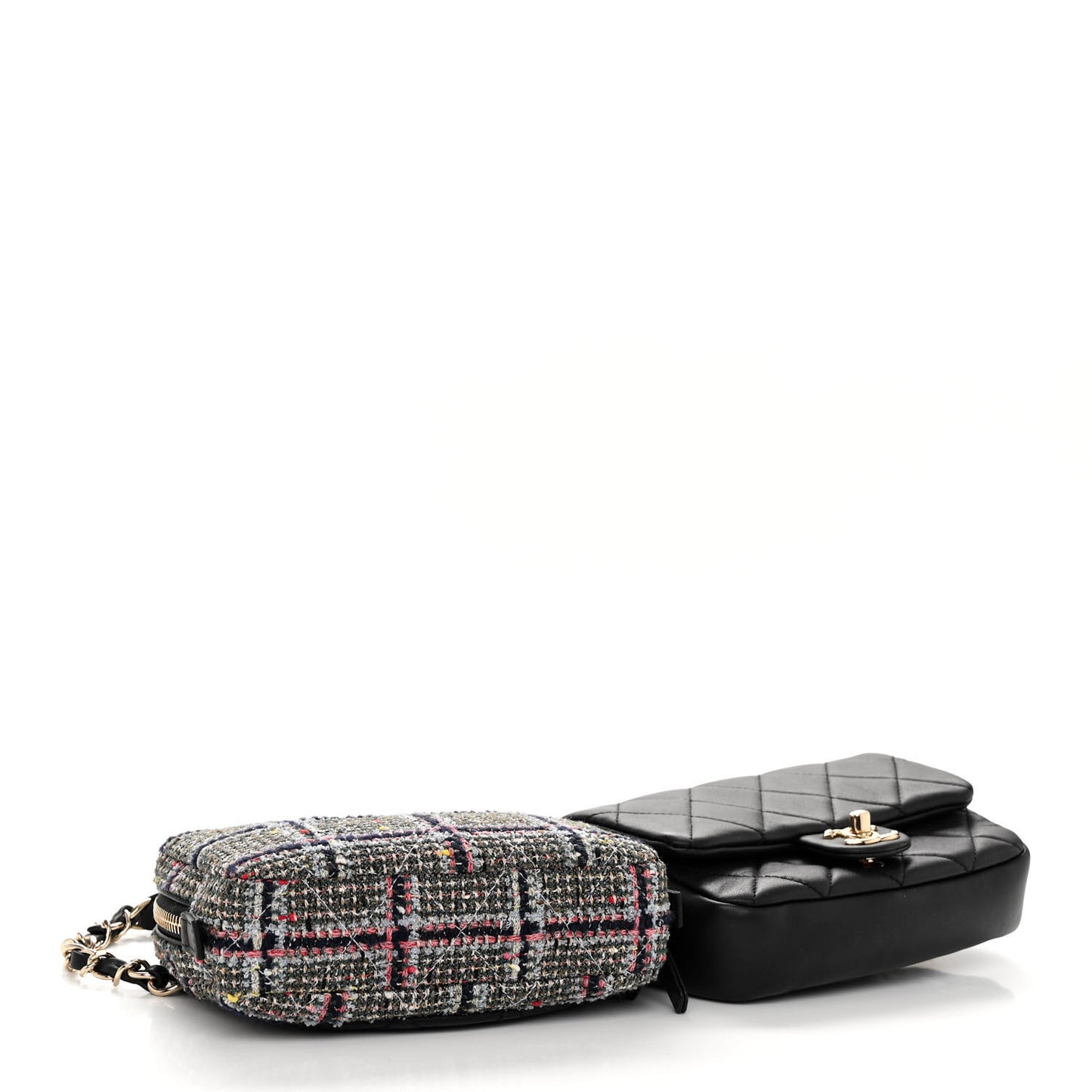 Tweed Lambskin Quilted Double Belt Bag Black
