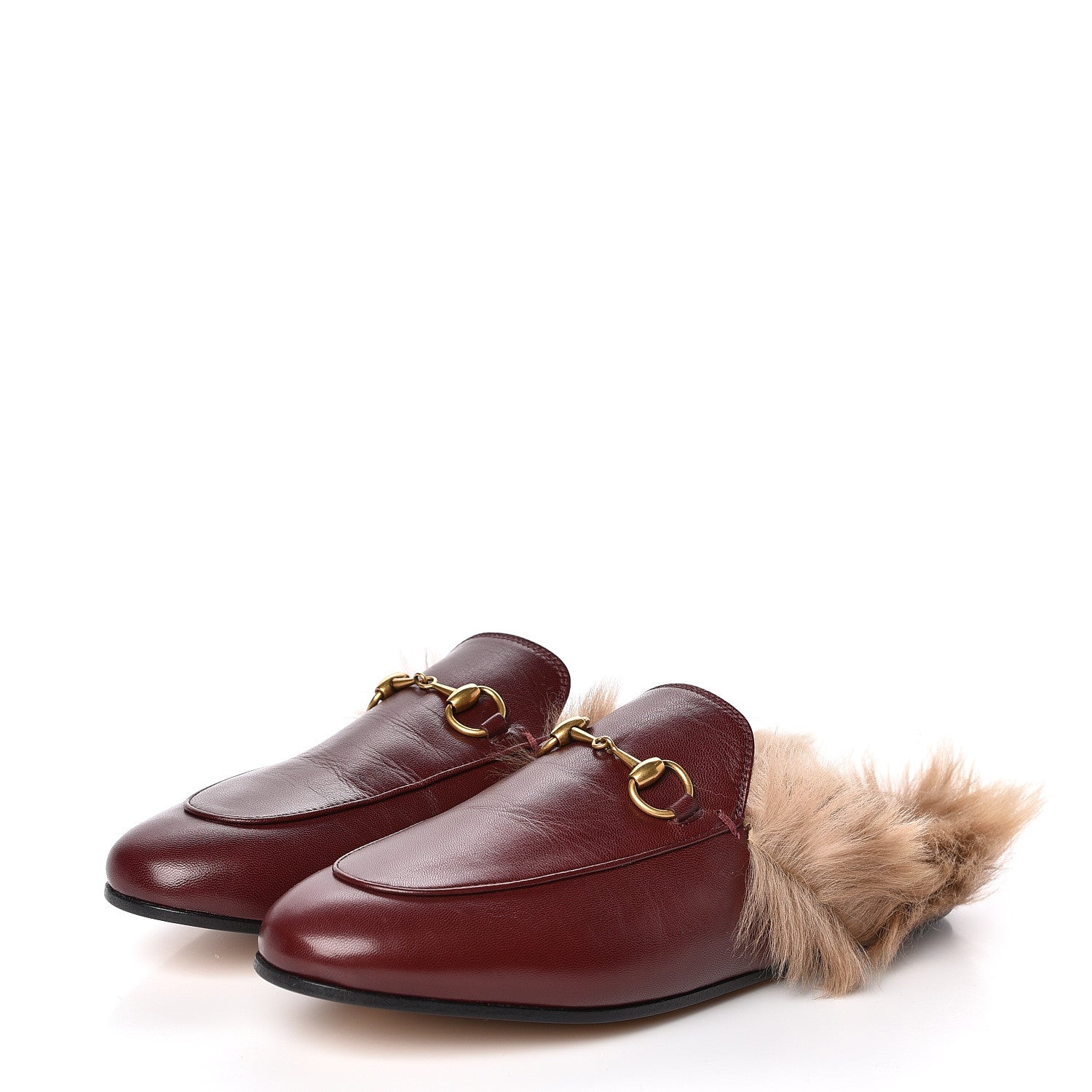 Gucci Malaga Kid Fur Womens Princetown Slippers 37 Vintage Bordeaux Naturale 3 of 9