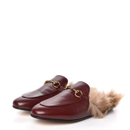 Gucci Malaga Kid Fur Womens Princetown Slippers 37 Vintage Bordeaux Naturale 3 of 9