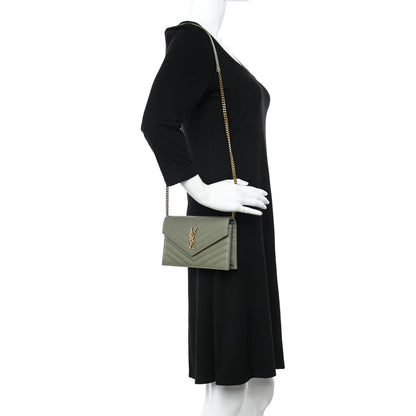 Saint Laurent Grain De Poudre Matelasse Chevron Monogram Envelope Chain Wallet Pistache 2 of 9