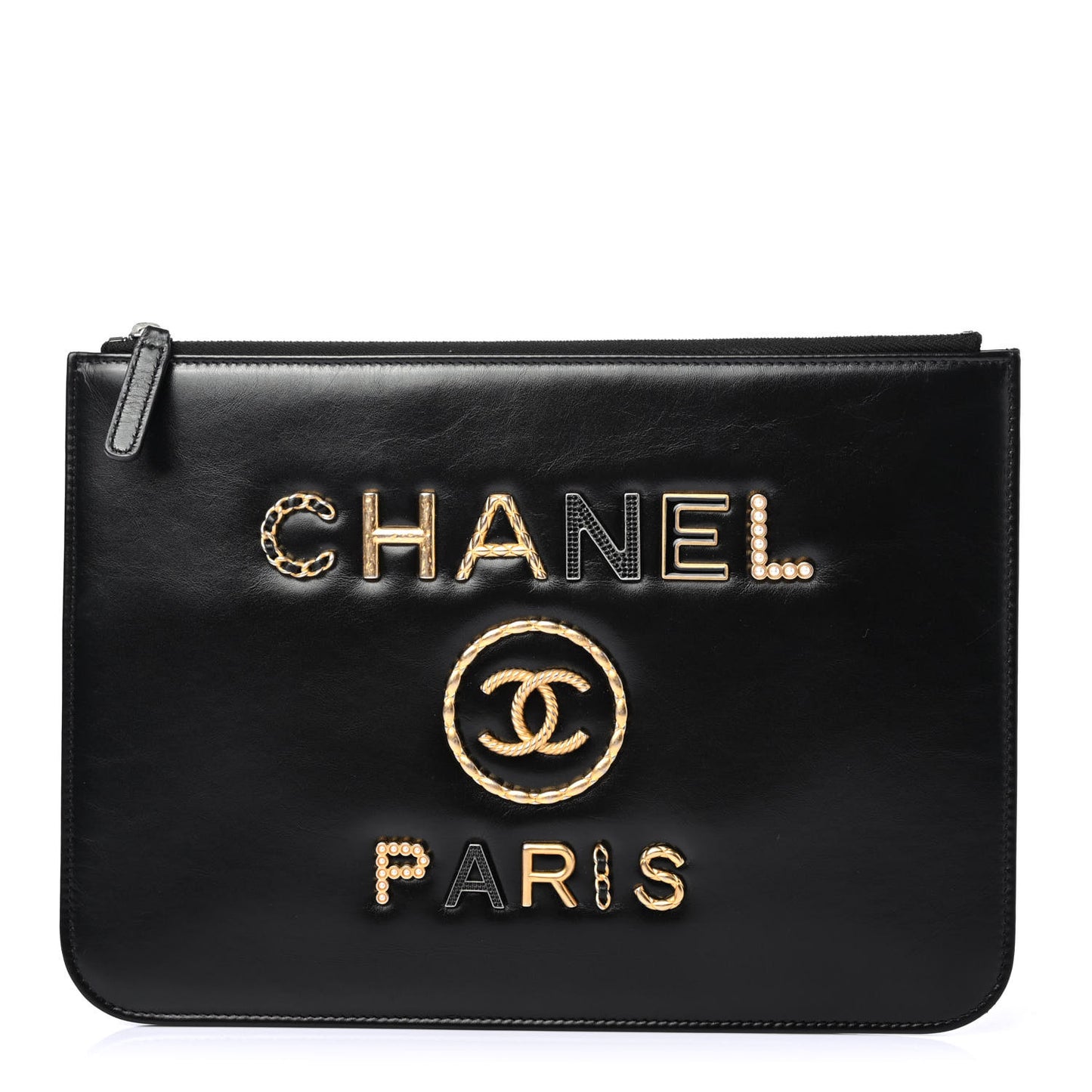 Shiny Calfskin Crystal Pearl Logo Cosmetic Case Black