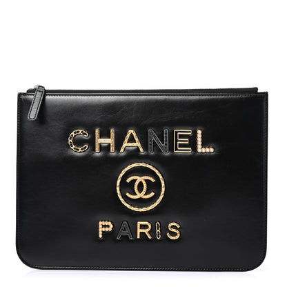 Chanel Shiny Calfskin Crystal Pearl Logo Cosmetic Case Black 1 of 4