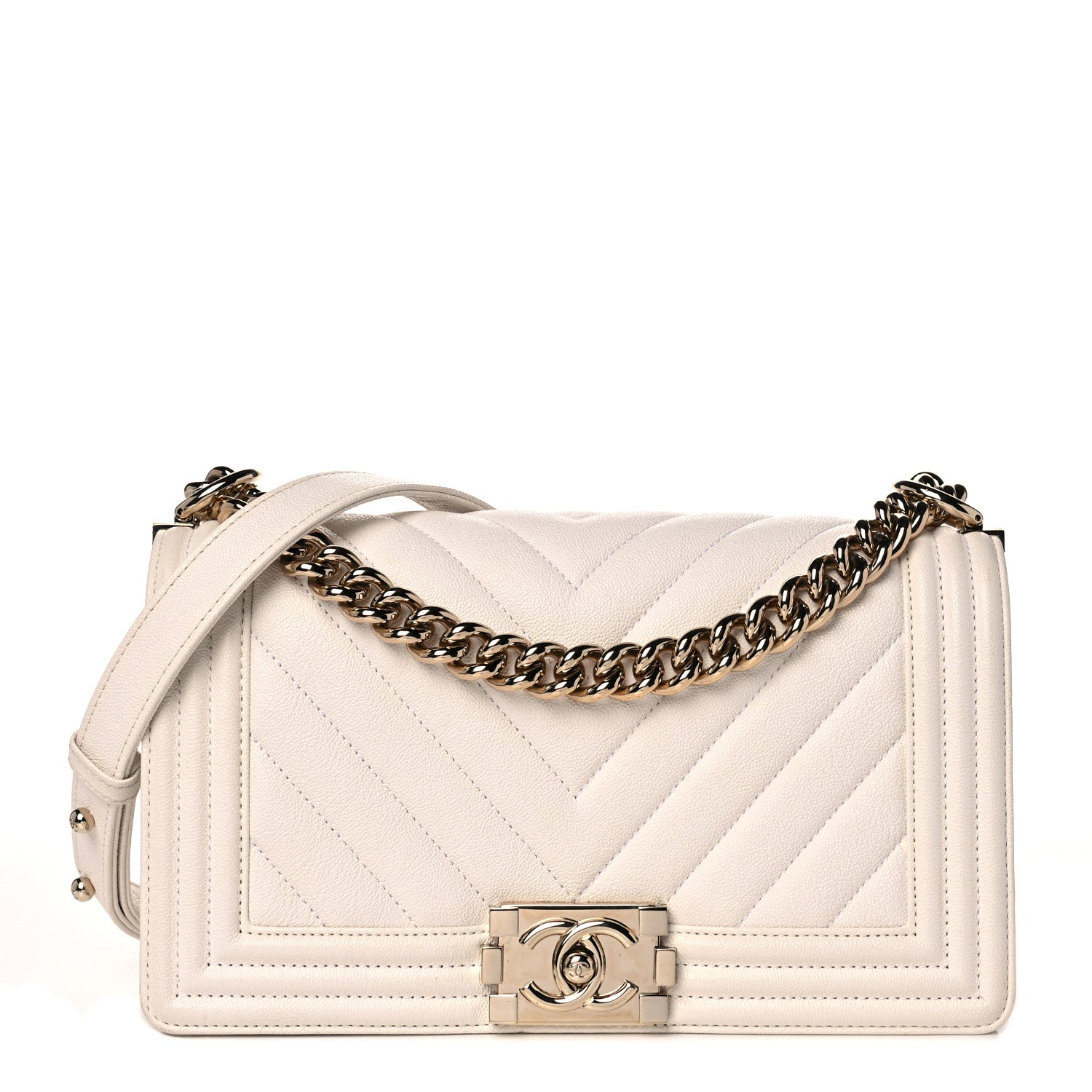 Chanel Caviar Chevron Quilted Medium Boy Flap White 1 of 10