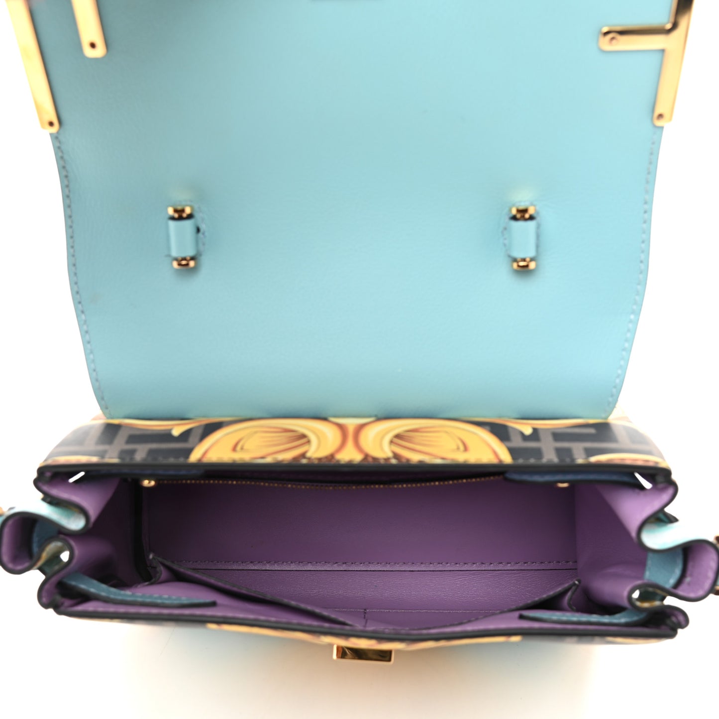 X FENDI Grained Calfskin Fendace La Medusa Medium Top Handle Bag Baby Blue Multicolor