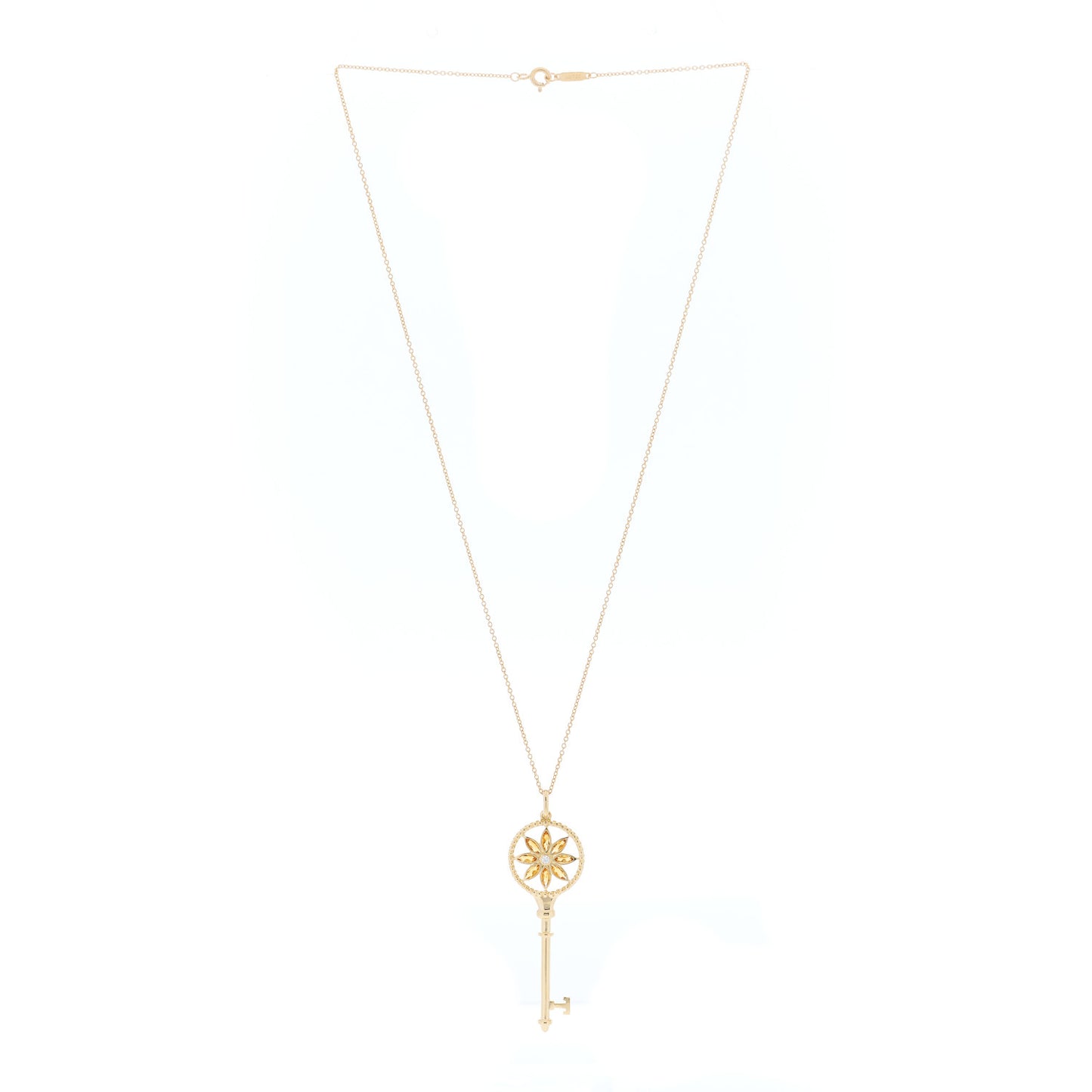 18K Yellow Gold Diamond Citrine Daisy Key Pendant Necklace